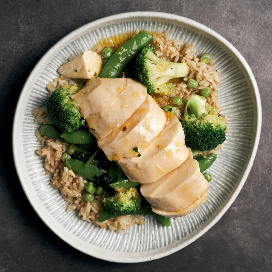 Sous Vide: Citrus Glazed Chicken Breast with Steamed Green Vegetables & Steamed Thai Red Rice