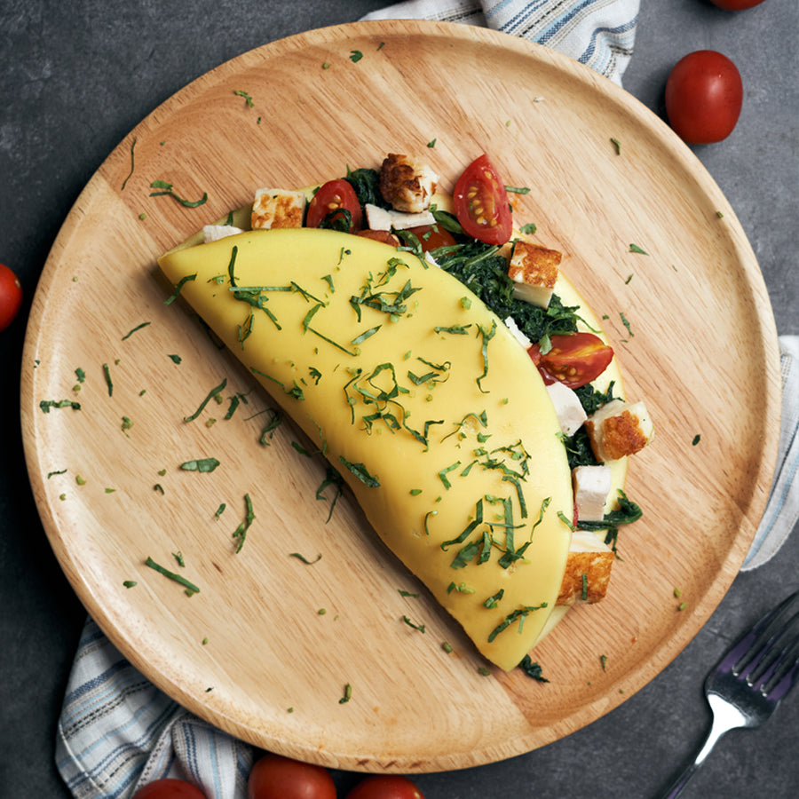 Halloumi Omelette with Spinach, Herbs & Cherry Tomatoes