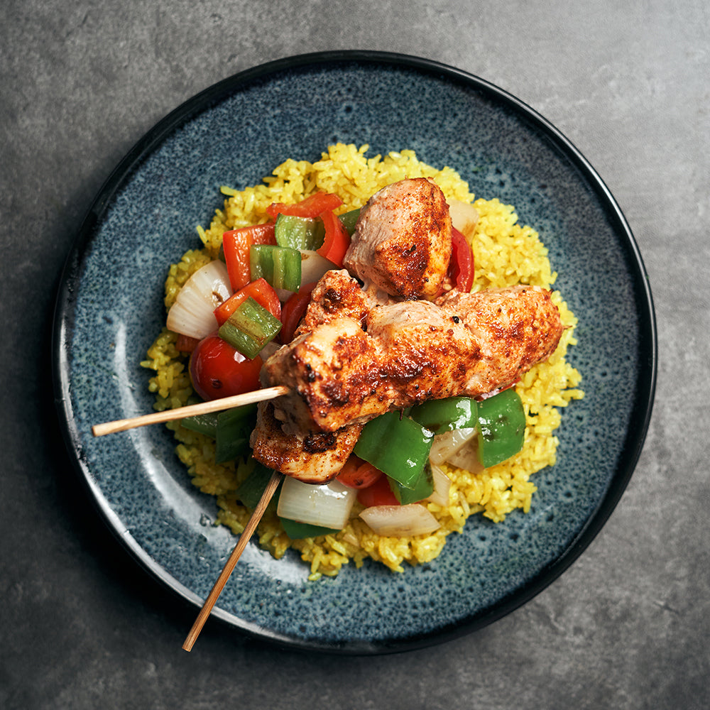 Shish Tawook with Roasted Vegetables, Cucumber Yoghurt & Turmeric Rice