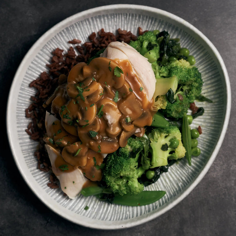 Sous Vide: Chicken Breast with Mushroom Gravy, Mixed Green Vegetables & Steamed Thai Red Rice