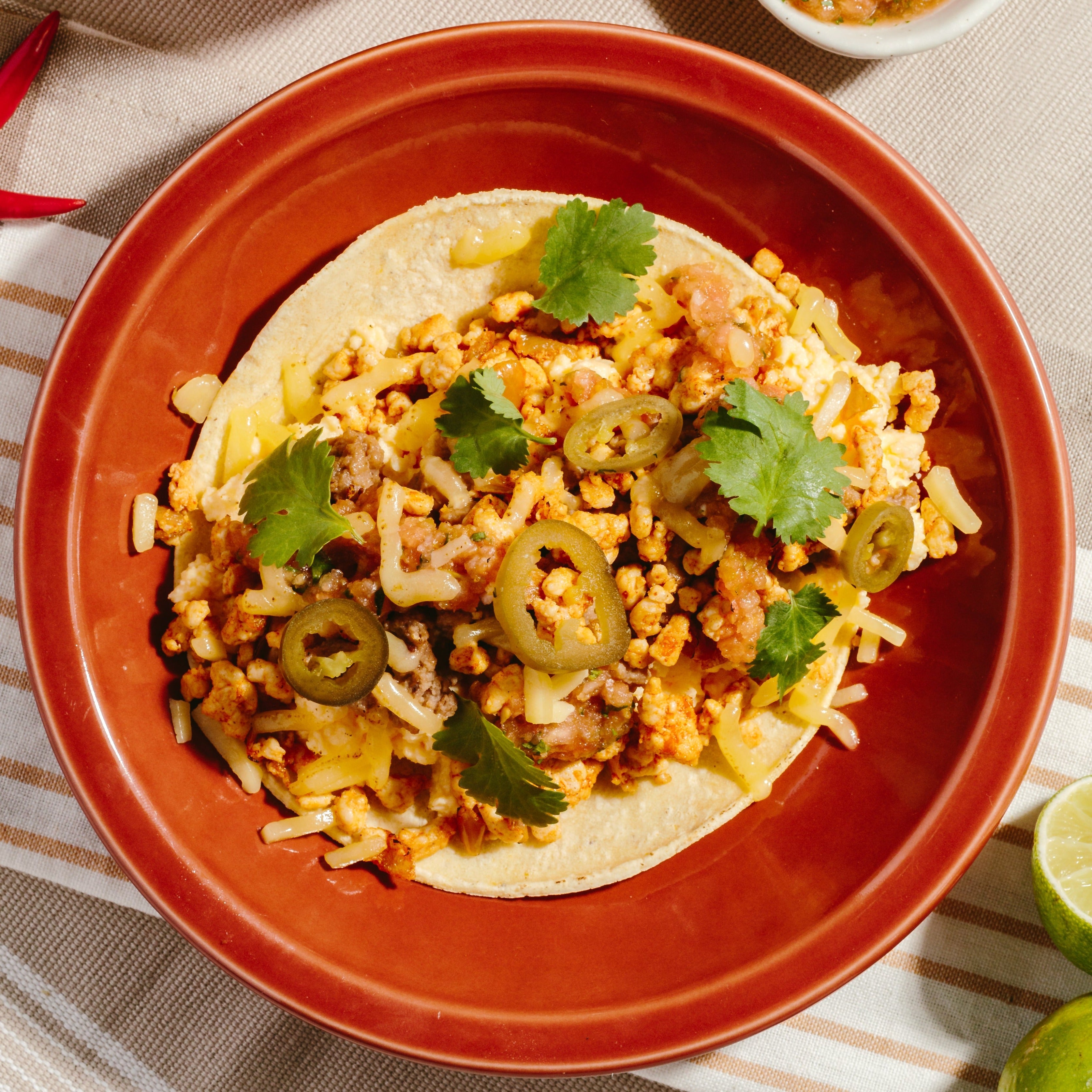 Chipotle Spiced Turkey Burrito & Scrambled Eggs with Refried Beans, Ch