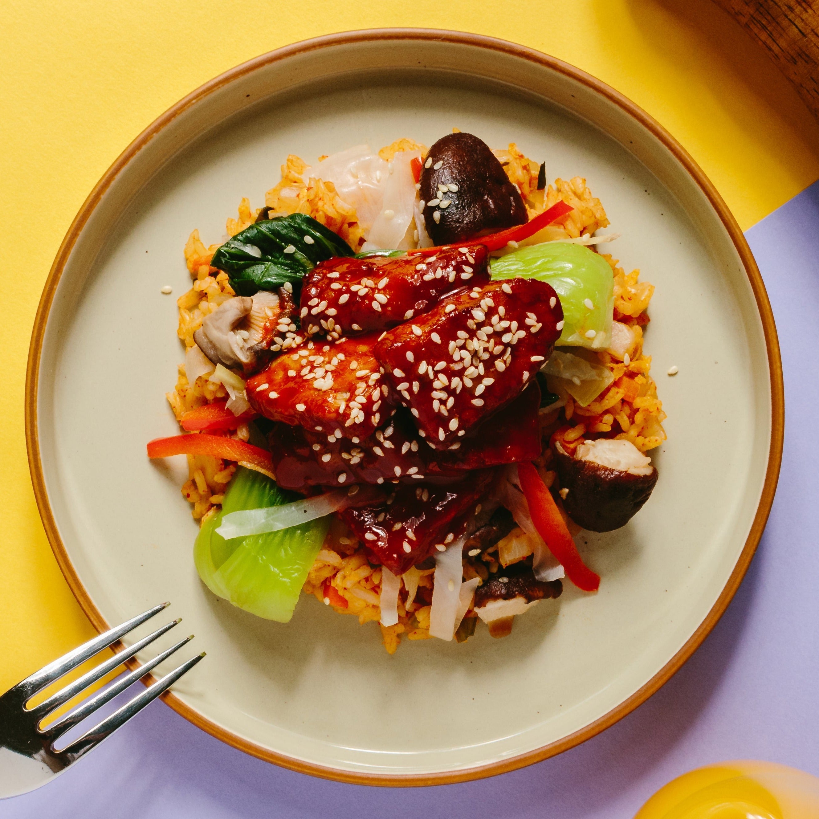 Kimchi Fried Rice with Korean BBQ Tempeh & Mixed Asian Vegetables