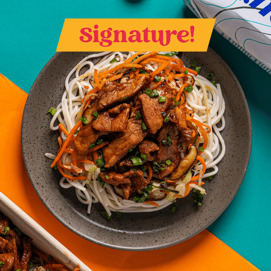 Signature: Moo Shu Chicken Stir Fry with Shredded Cabbage, Choy Sum, Carrots & Wonton Noodles