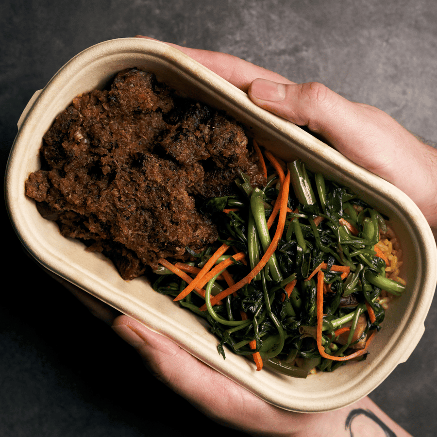 Padang Beef Rendang with Morning Glory, Brown Mushrooms & Shredded Carrots