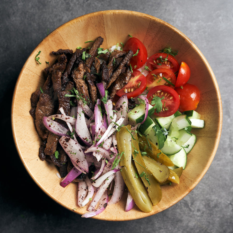Beef Shawarma Bowl with Mixed Vegetables, Tahini Sauce & White Rice
