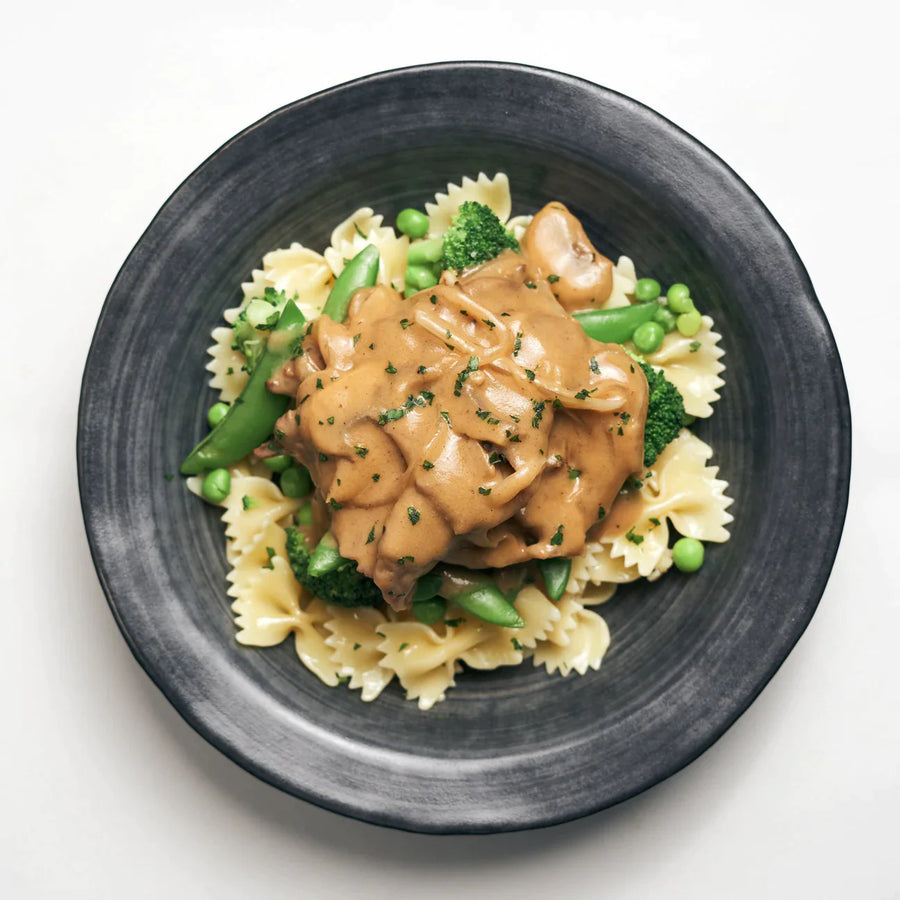 Low Fat Beef Stroganoff with Steamed Green Vegetables & Bowtie Pasta