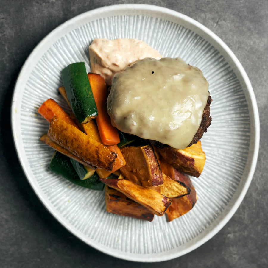 Naked Cheeseburger with Oven Baked Veggie Fries & Tangy Burger Sauce