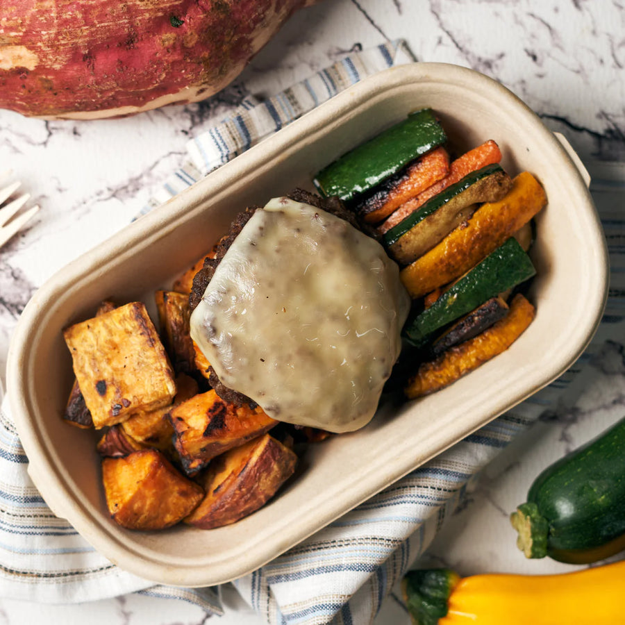 Naked Cheeseburger with Oven Baked Veggie Fries & Tangy Burger Sauce