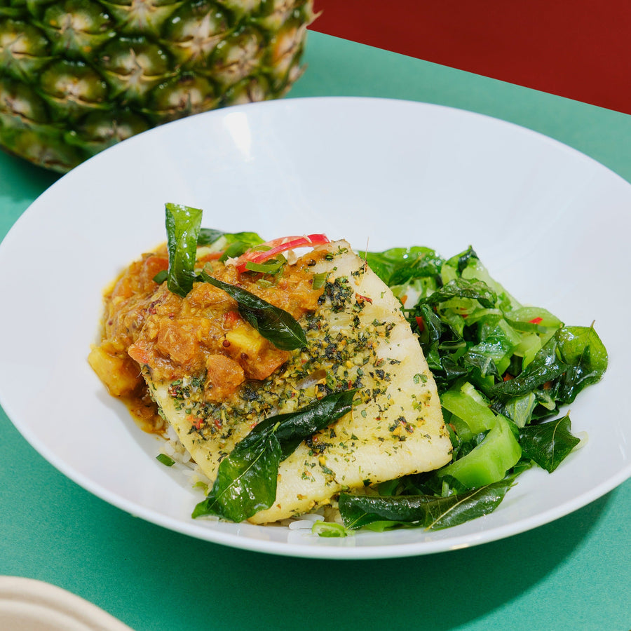 Low Fat Balinese White Fish Curry with Chinese Mustard Greens & Steamed Basmati Rice