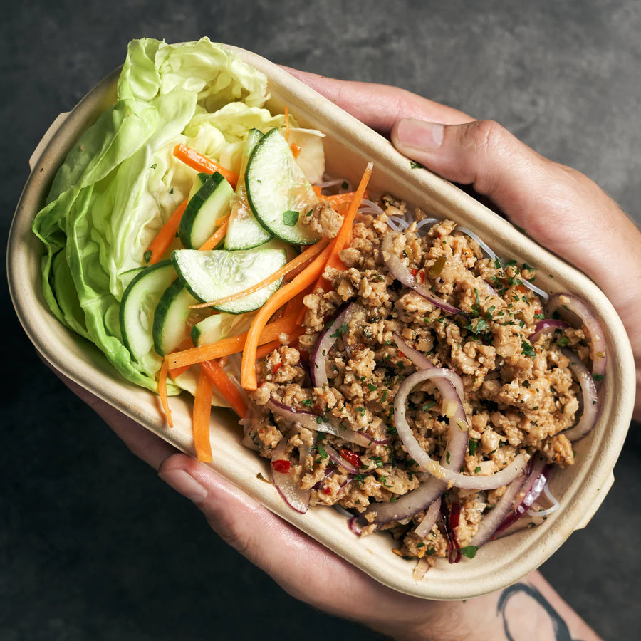 Healthy Chicken Larb Salad with Shredded Carrots, Sliced Cucumber & Larb Dressing