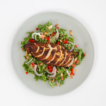 Cumin-Crusted Chicken with Kale Salad and Hummus Dressing