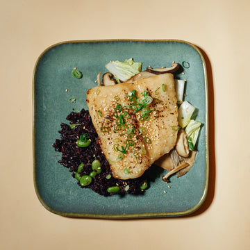 Miso Ginger Marinated Fish Fillet with Napa Cabbage, Asian Mushrooms & Healthy Forbidden Rice with Edamame