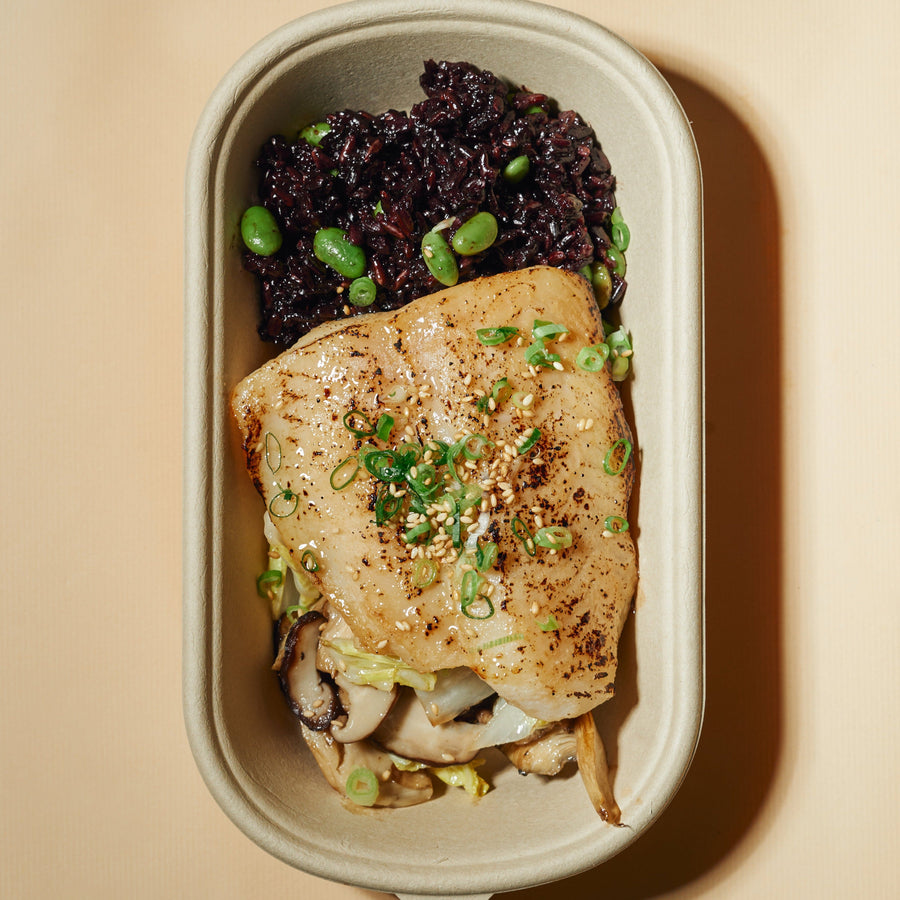 Miso Ginger Marinated Fish Fillet with Napa Cabbage, Asian Mushrooms & Healthy Forbidden Rice with Edamame