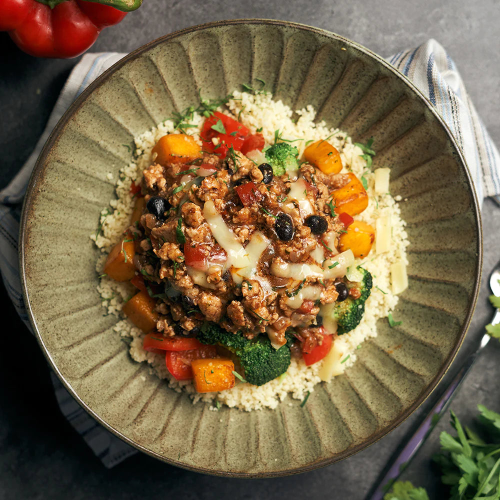 Signature: Chicken Enchilada Bowl with Broccoli, Red Peppers, Pumpkin, Brown Rice & Quinoa