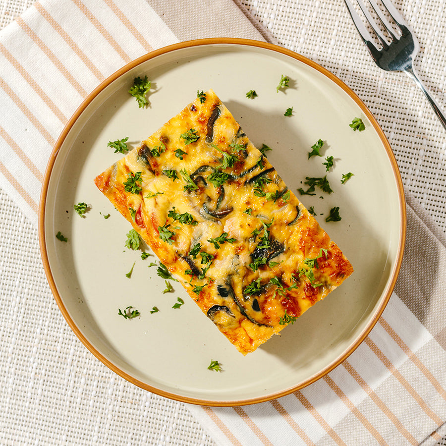 Smoked Salmon Fritatta with Sliced Red Onion, Spinach & Cream Cheese