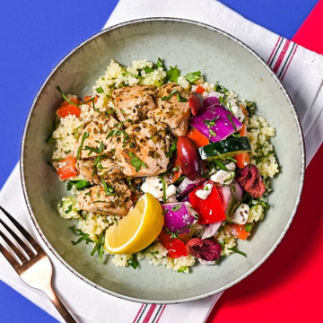 Greek Chicken Salad Power Bowl with Feta, Kalamata Olives, Lemon Oregano Vinaigrette & Couscous Salad