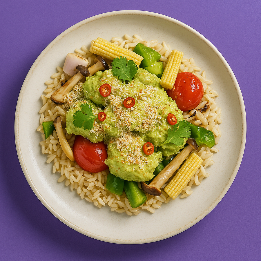Green Coconut Chicken Curry with Baby Corn, Mushrooms & Steamed Brown Rice