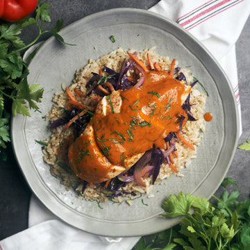 Harissa Chicken with Braised Purple Cabbage, Carrots & Pearl Couscous
