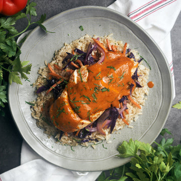 Harissa Chicken with Braised Purple Cabbage & Carrots