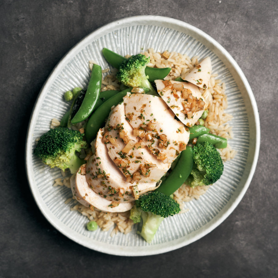 Sous Vide: Herb Marinated Chicken Breast with Steamed Green Vegetables & Tzatziki