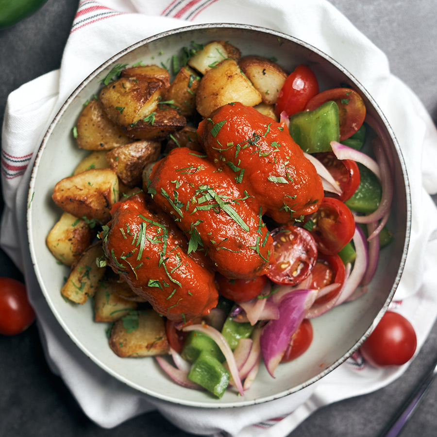 Lamb Kafta with Tomato Sauce, Grilled Vegetables and Roasted Potatoes