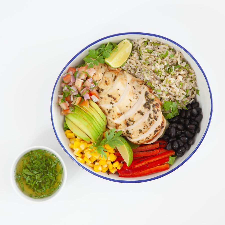 Mojito Lime Chicken Burrito Bowl with Brown Rice, Pico de Gallo & Cilantro Dressing