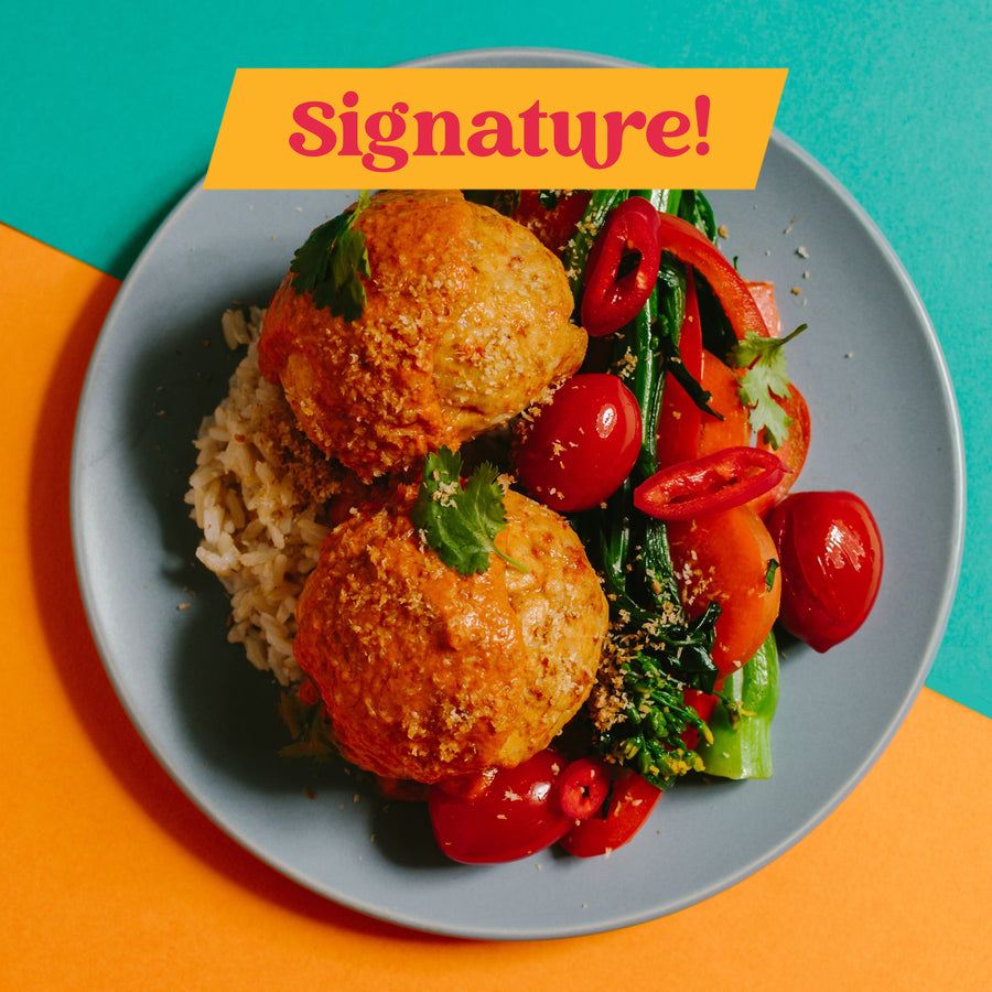 Signature: Chiang Mai Style Turkey Meatballs with Coconut Red Curry Sauce, Thai Stir Fried Vegetables & Coconut Rice