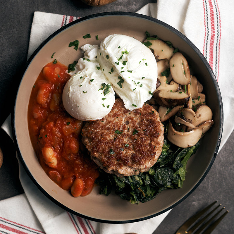 Poached Eggs and House-Made Italian Sausage with Low Fat Tuscan Baked Beans