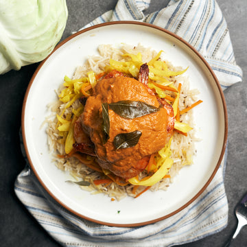 Prawn Vindaloo with Stir Fried Turmeric Cabbage & Jeera Rice