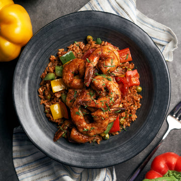 Oven Roasted Prawns with Roasted Peppers, Tomatoes & Paella