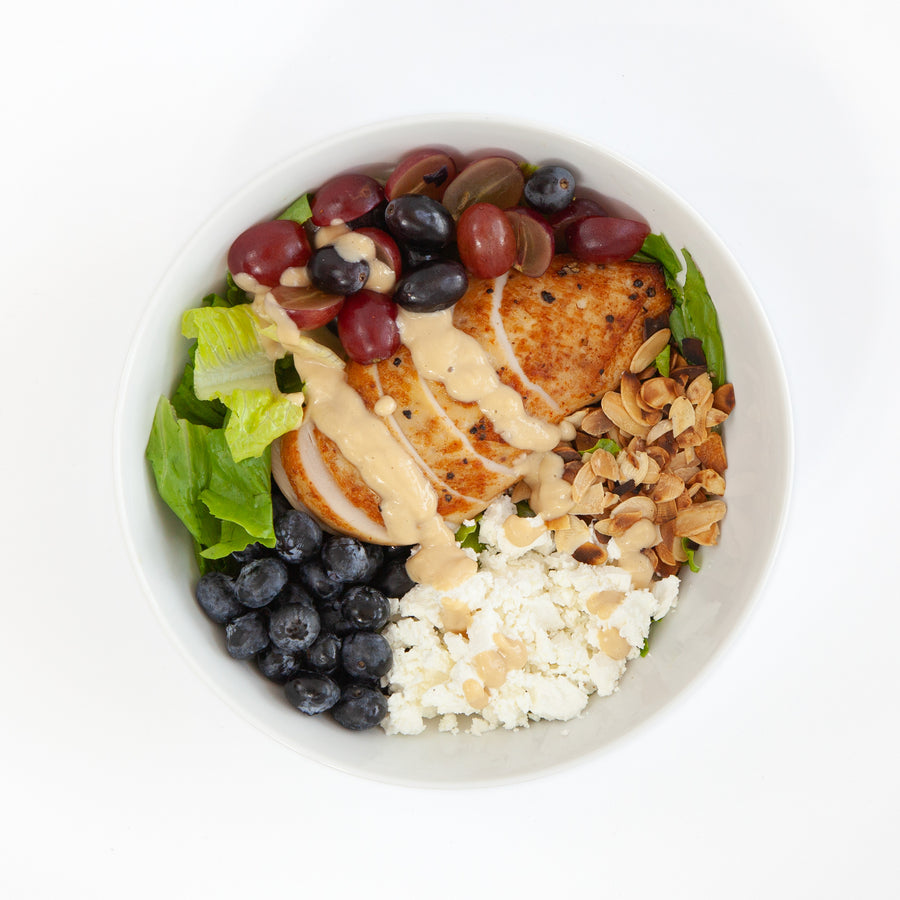 Low-Carb Rainbow Chicken Salad with Almond Honey Mustard Dressing