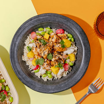 Flaked Sesame Salmon Poke Bowl with Mango, Yuzu Pickled Vegetables & Edamame