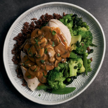 Sous Vide: Chicken Breast with Mushroom Gravy & Mixed Green Vegetables