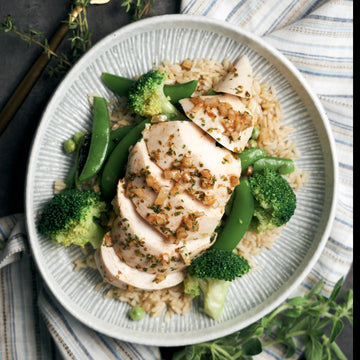 Sous Vide: Herb Marinated Chicken Breast with Steamed Green Vegetables & Tzatziki