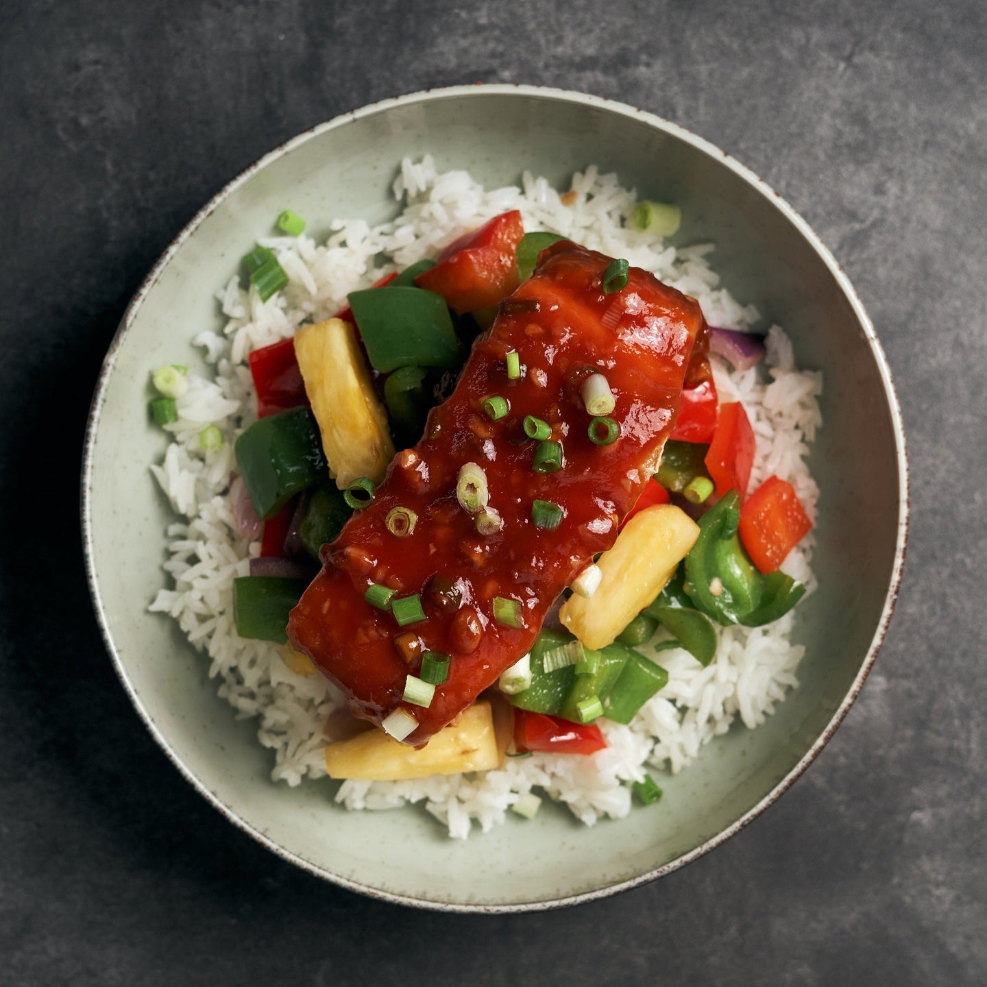 Sweet and Sour Oven-Baked White Fish with Peppers, Onions, Pineapple & Steamed Jasmine Rice