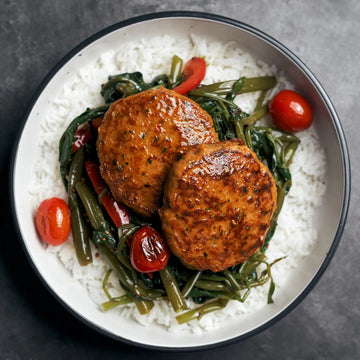 Thai Style Fish Cakes with Sauteed Morning Glory & Steamed Pandan Coconut Rice