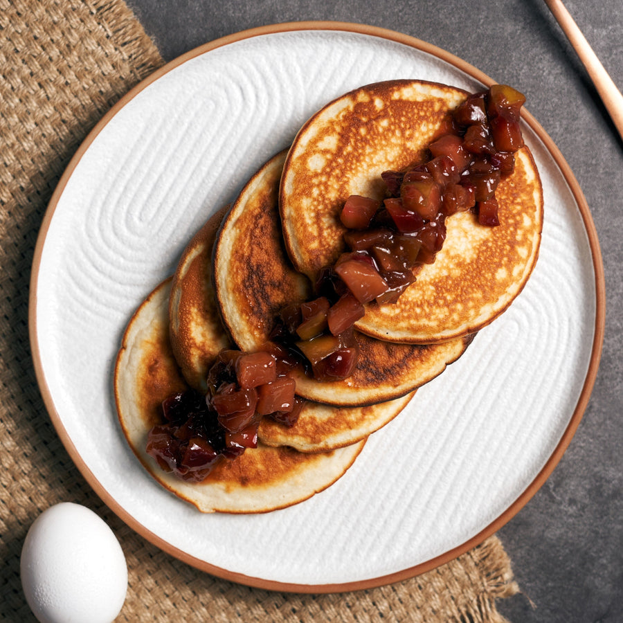 Vanilla Chai Protein Pancakes with Apricot & Plum Compote