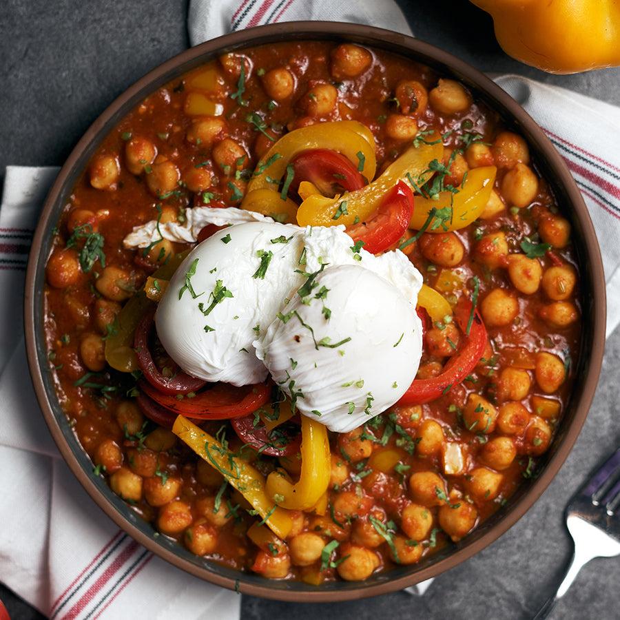 Indian Chickpeas with Poached Eggs, Bell Peppers & Cherry Tomatoes