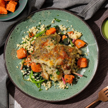 Wholemeal Crusted White Fish with Green Tahini Dressing, Sauteed Spinach, Bulgur & Sweet Potato