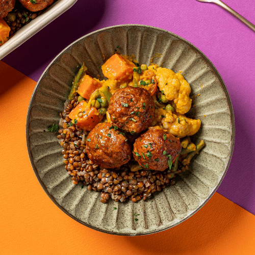 Indian Style Lamb Meatballs with Vegetable Curry, Cucumber & Mint Raita (Braised Lentils)