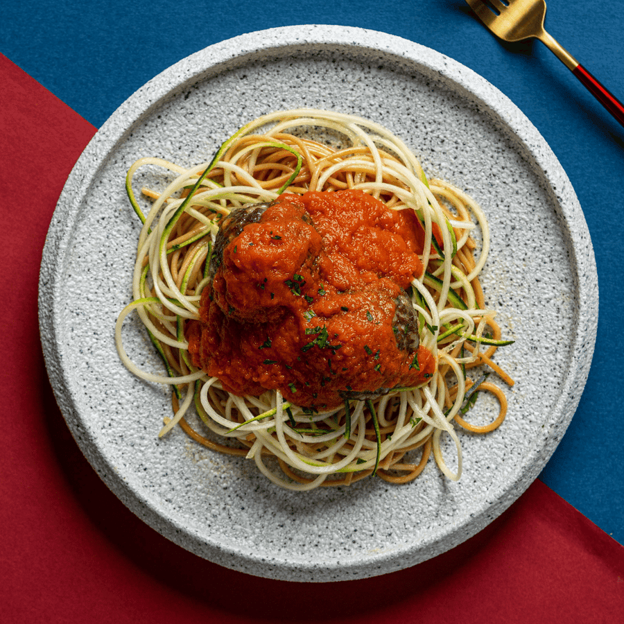 Grain Feed Beef & Parmesan Meat Balls with Tomato Sauce & Zucchini Noodles (Whole Wheat Spaghetti)