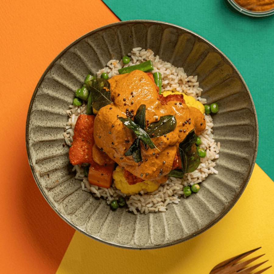 Goan Style Fish Masala with Turmeric Braised Cauliflower, Carrots, Green Beans & Peas (Brown Rice)
