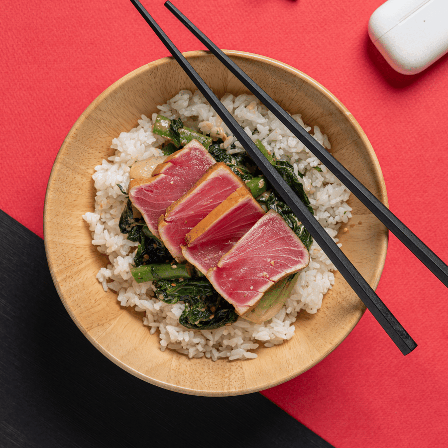 Sesame Crusted Tuna with Shredded Cabbage, Carrots, Red Peppers, Bok Choi and Shitake Mushrooms (Udon Noodles)