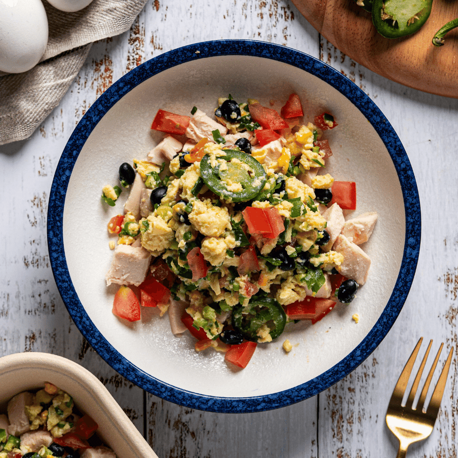 Southwest Scrambled Eggs with Scallions, Tomato, Black Beans & Chicken Breast