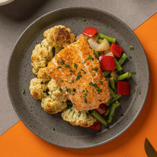 Cajun Crusted Atlantic Cod with Green Beans, Roasted Cauliflower & Spicy Yoghurt Remoulade (Roasted Potato)