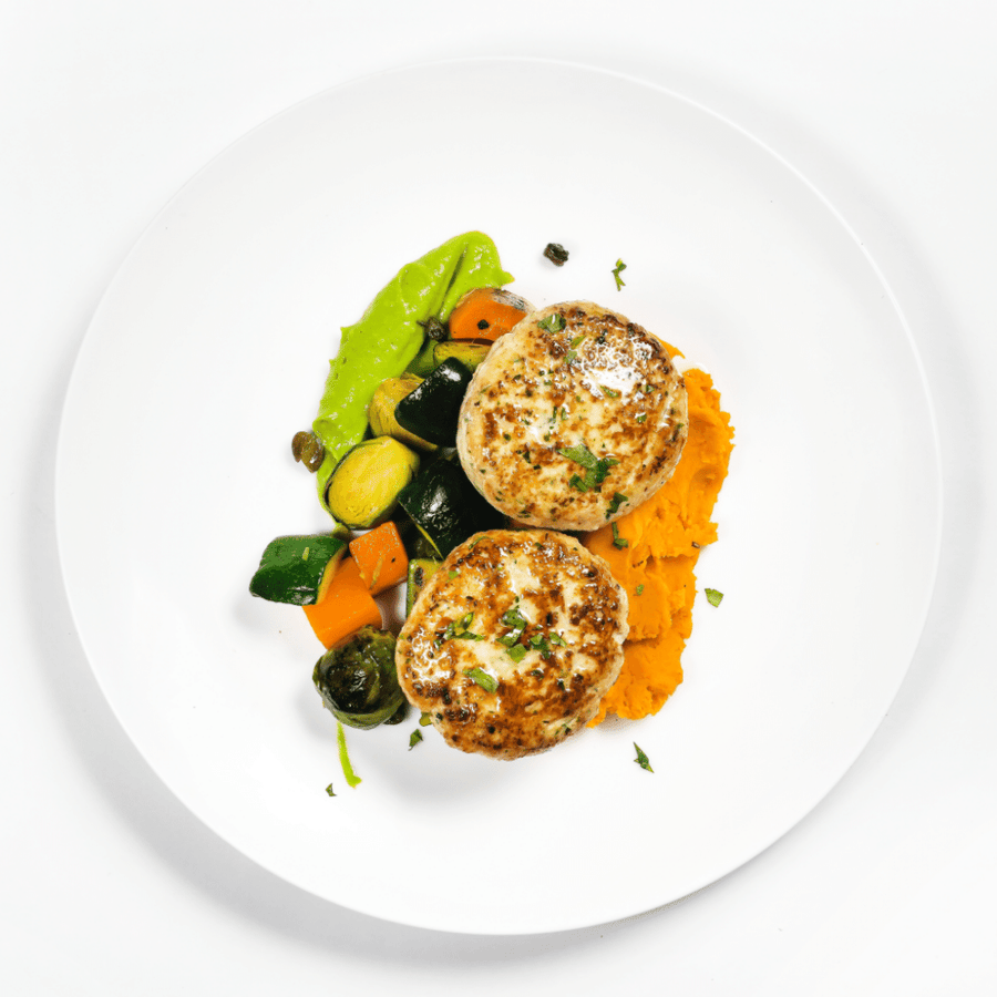 Cheddar & Jalapeno Turkey Burgers with Roasted Brussels Sprouts, Carrot & Avocado Mayo  (Sweet Potato Mash)