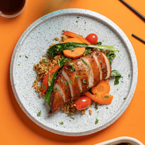 Isaan Style Roasted Chicken Breast with Choy Sum, Red Peppers & Carrots (Nasi Goreng Fried Rice)