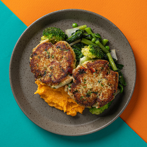 Coconut, Lime & Cilantro Fish Cakes with Pineapple & Mango Chutney (Sweet Potato Mash)