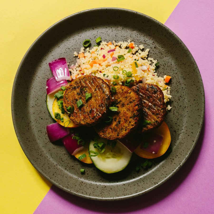 Baked Falafel with Mixed Roasted Vegetables, Isreali Cous Cous & Tahini Dressing