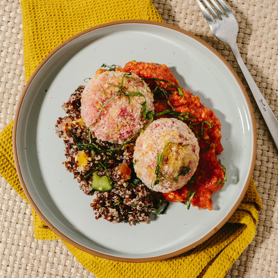 Beetroot & Herbed Ricotta Croquettes with Salmorejo & Orzo Salad